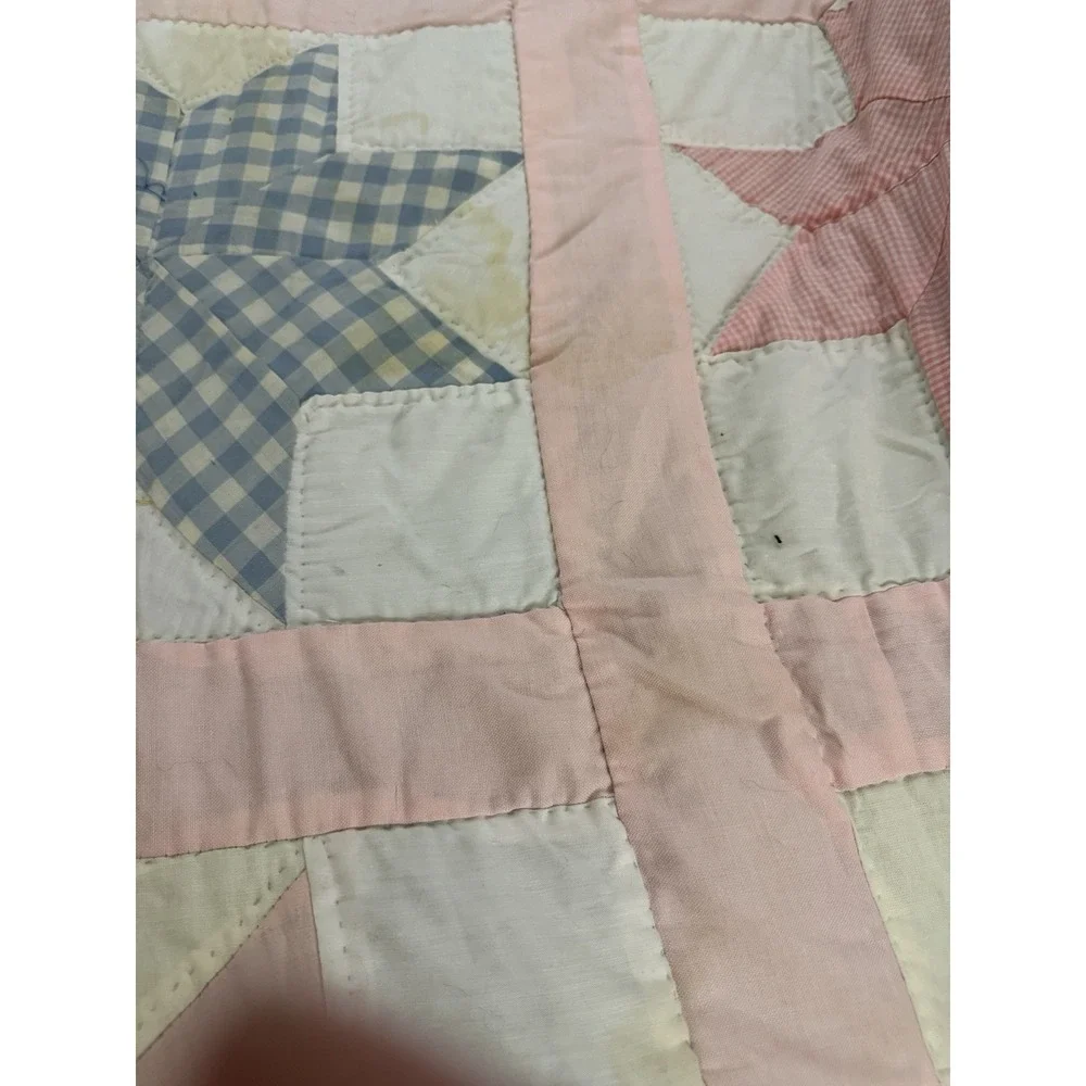 Vintage Eight Point Star Handmaid Pieced Hand Quilted Blue & Pink Patchwork